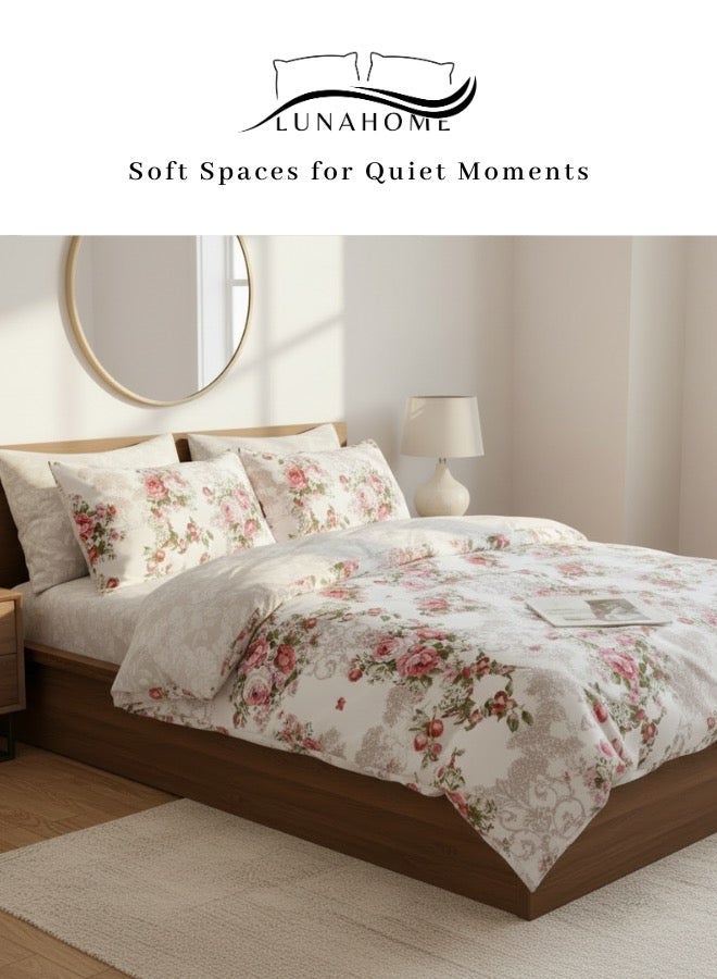 LUNA Home Queen size 6-piece set (1 Duvet cover - 200*230cm. 1 Flat sheet - 230*250cm. 4 Pillow covers - 50*75cm.). Bedding set with Burgundy roses, reversible style. - Image 1